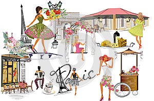 Set of Paris illustrations with fashion girls, cafes and musicians. photo